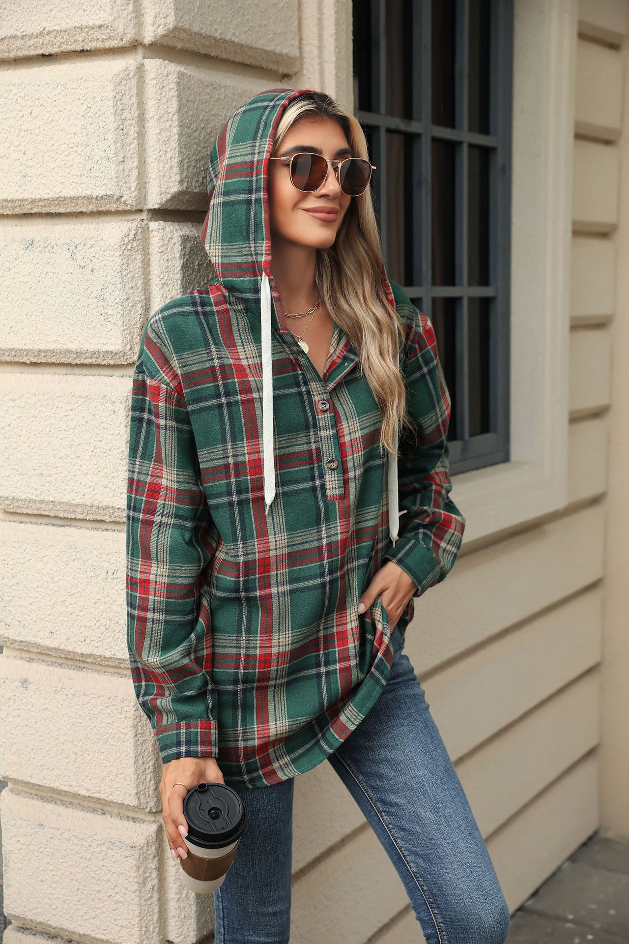 Fashion Plaid Print Hooded Sweatshirt With Button