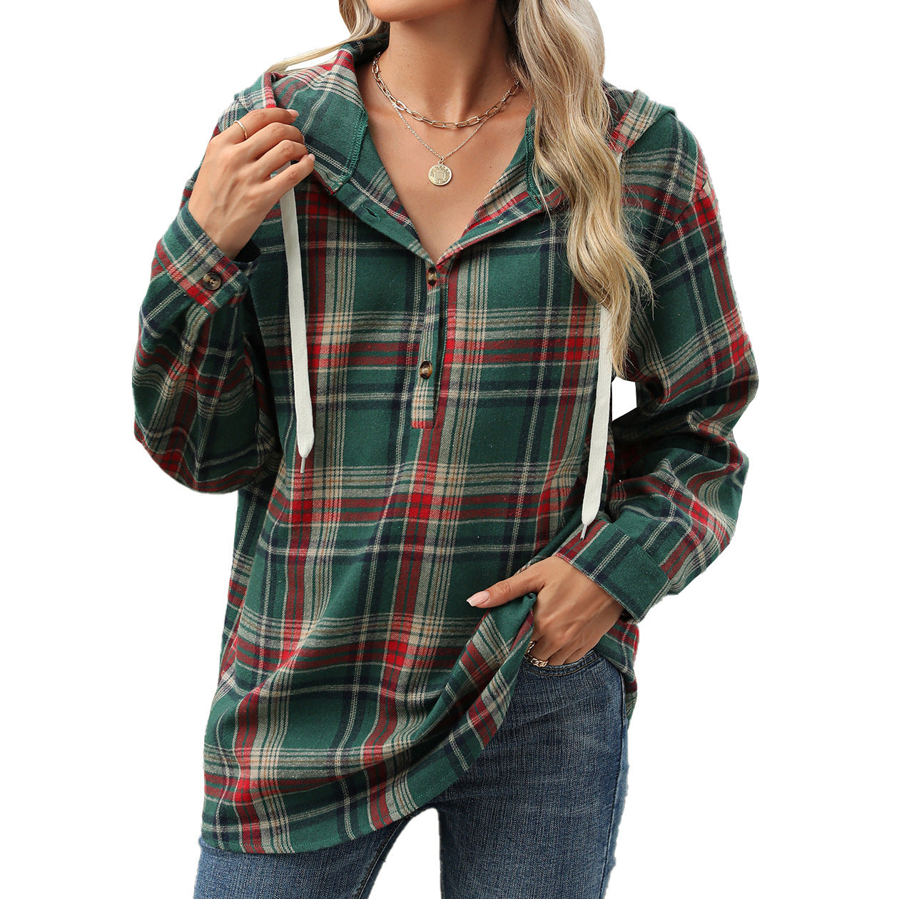 Fashion Plaid Print Hooded Sweatshirt With Button