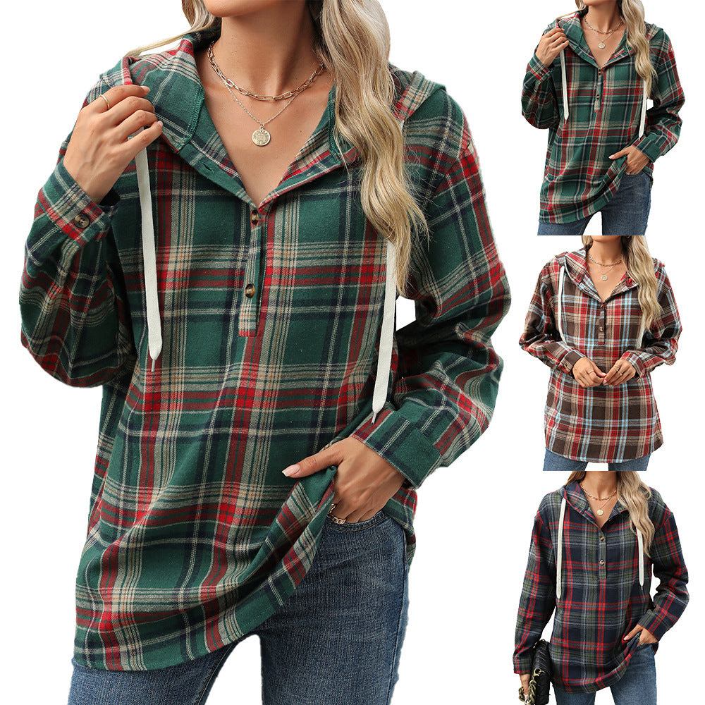 Fashion Plaid Print Hooded Sweatshirt With Button