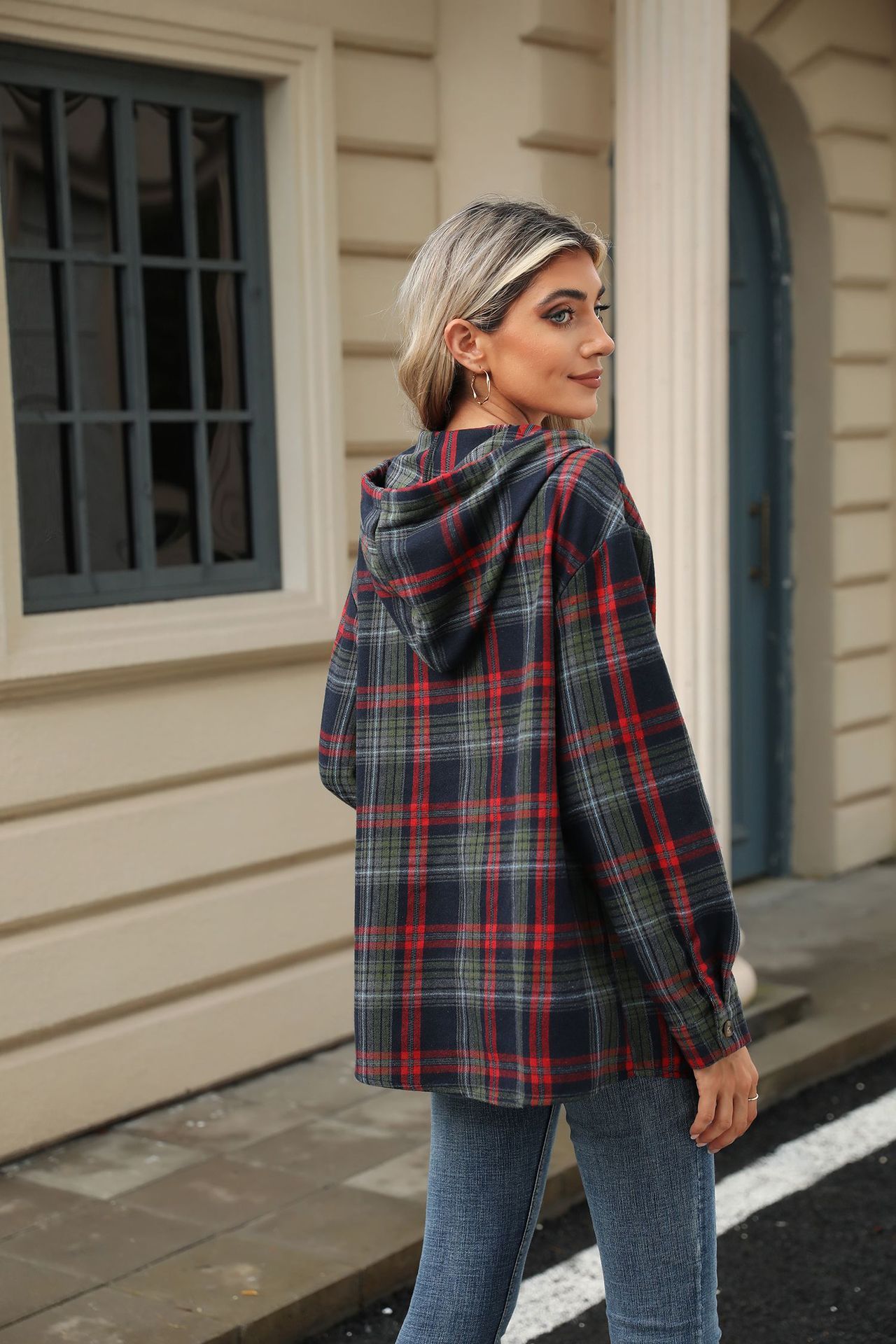 Fashion Plaid Print Hooded Sweatshirt With Button