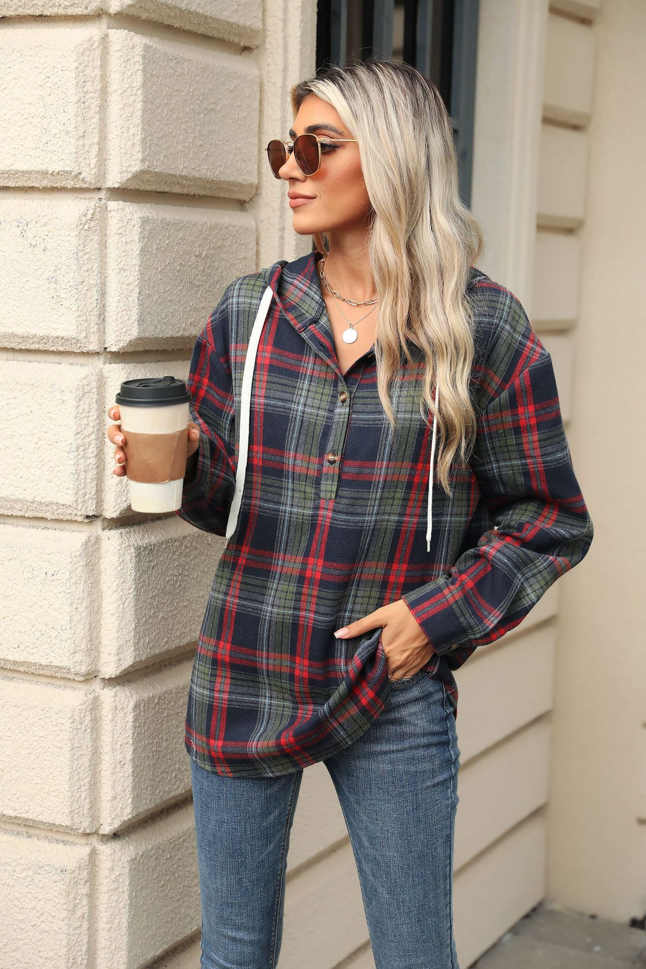 Fashion Plaid Print Hooded Sweatshirt With Button