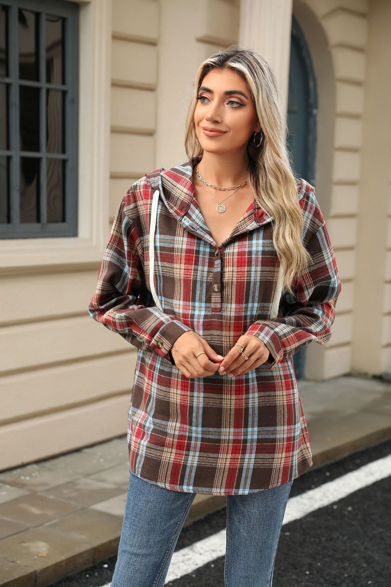 Fashion Plaid Print Hooded Sweatshirt With Button