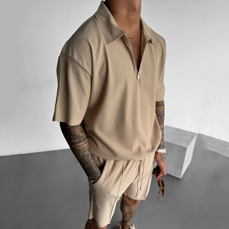 Zipper Polo Casual Short-sleeved Shorts Suit