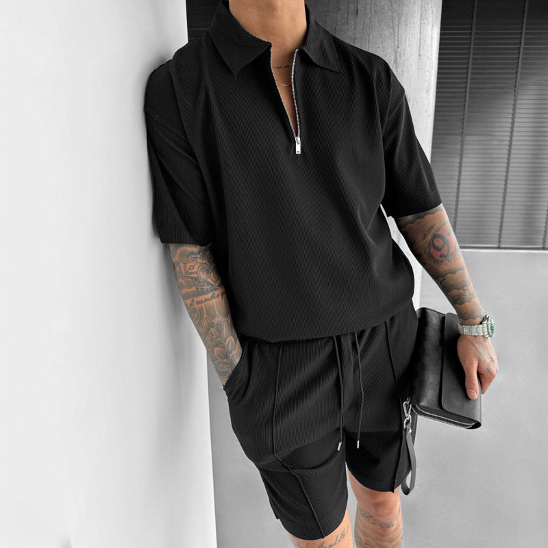 Zipper Polo Casual Short-sleeved Shorts Suit