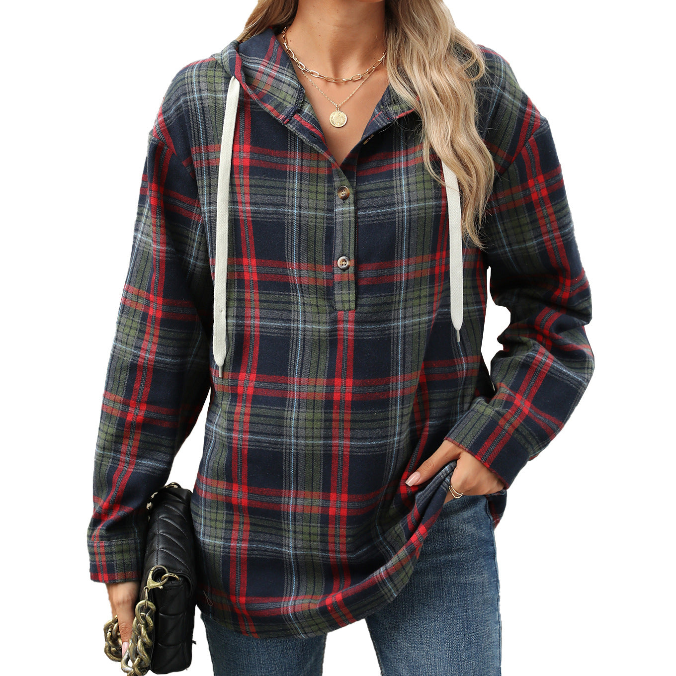 Fashion Plaid Print Hooded Sweatshirt With Button